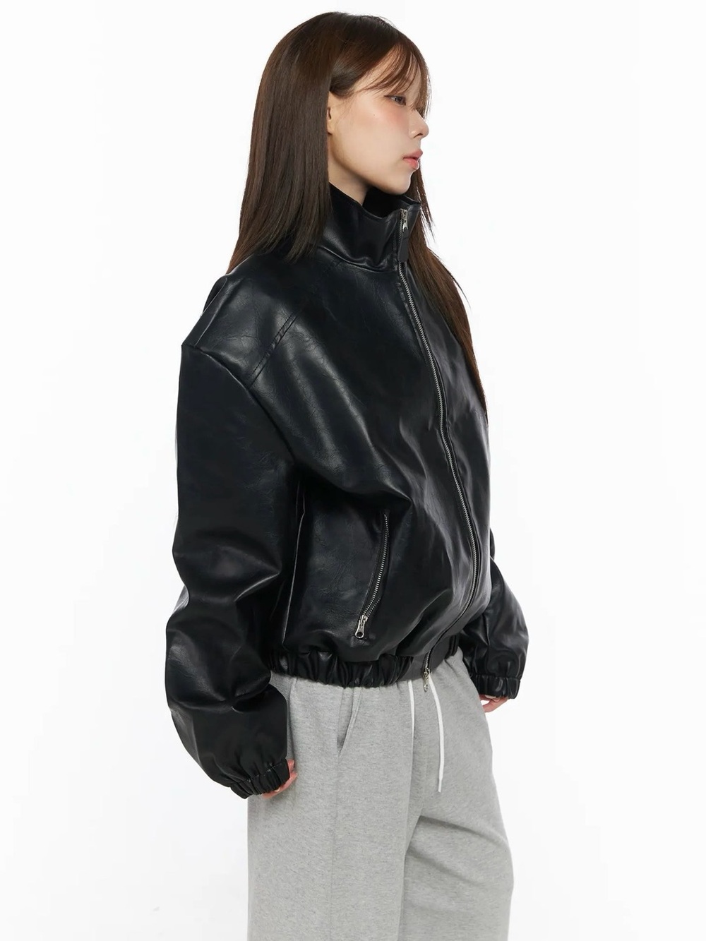 LEWKIN Black Oversized Zip Leather Jacket - Women